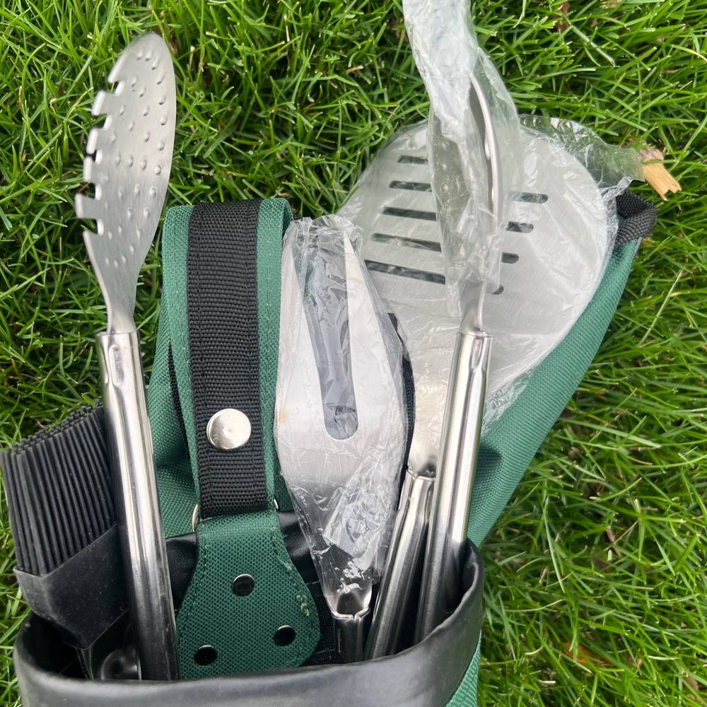 POLIGO Golf BBQ Grill Tool Set Stainless Steel 7pc Kit with Green Golf Bag Case